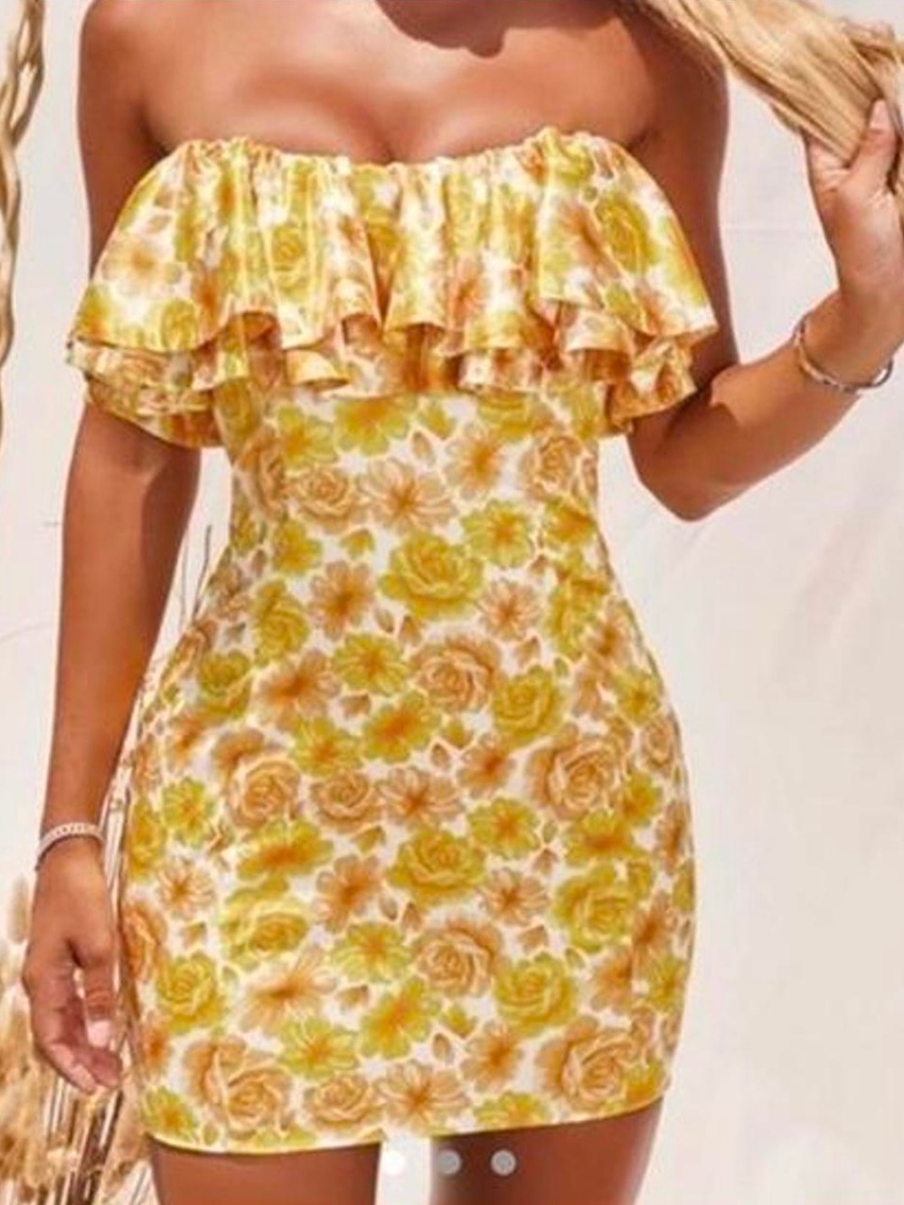 Oh Polly Show Me Off Yellow Floral Satin Ruffle Strapless Dress Sz 2